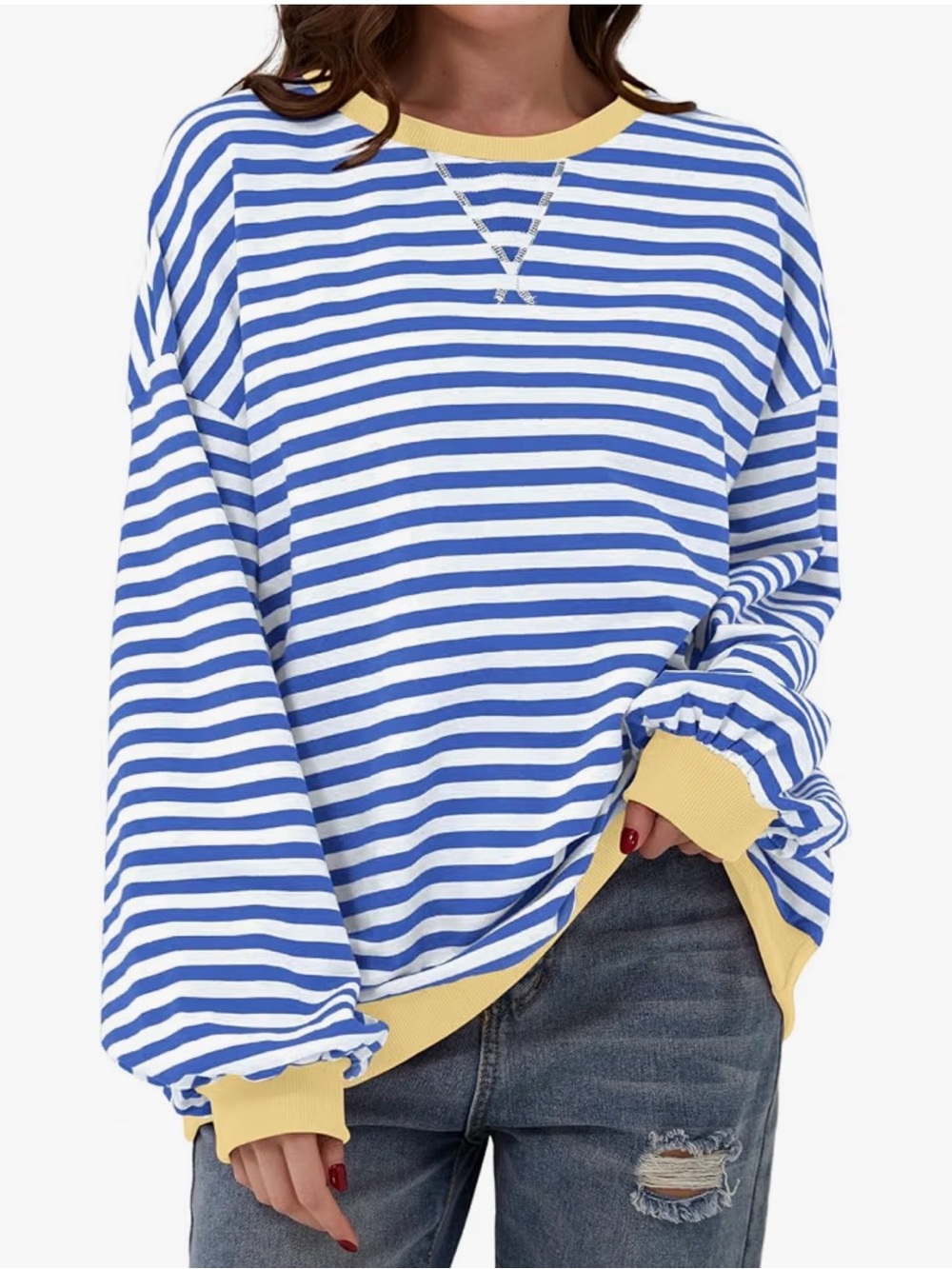 Amazon Blue and White Striped Crewneck Sweatshirt with Yellow Trim